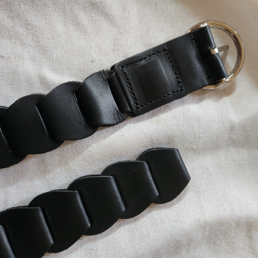 Genuine Leather Braided Belt Black Round Silver Buckle M/L - Picture 4 of 4